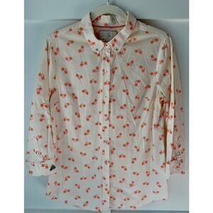 Anthropologie Postage Stamp Bicycle Print Button Down blouse US 10 orange white